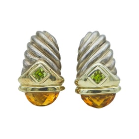David Yurman Cable Sterling Silver and 14K Yellow Gold Citrine and Peridot Half Hoop Earrings