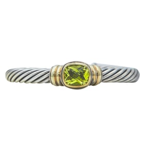 David Yurman Cable Sterling Silver and 14K Yellow Gold Green Quartz Bangle Bracelet