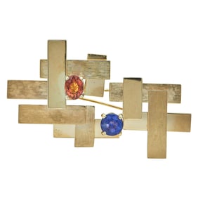 14K Yellow Gold Sapphire and Orange Sapphire Geometric Brooch Pin