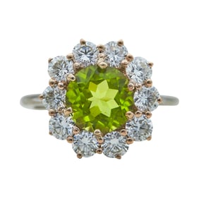 14K White Gold Peridot and Diamond Halo Cluster Ring