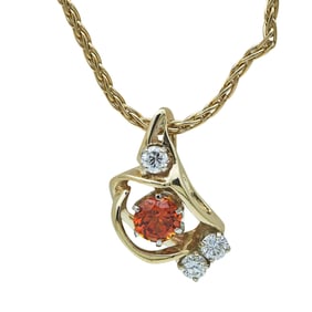 14K Yellow Gold Orange Sapphire and Diamond Pendant Wheat Chain Necklace
