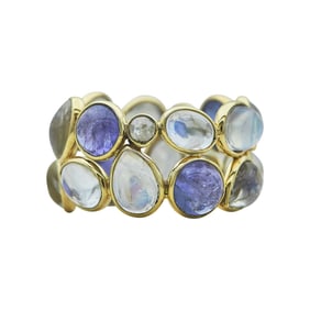 18K Yellow Gold Tanzanite, Moonstone and Rose-Cut Diamond Double Stack Ring