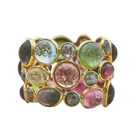 18K Yellow Gold Multicolored Tourmaline and Diamond Three Row Band Ring