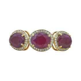 18K Yellow Gold Triple Stone Ruby and Diamond Halo Ring