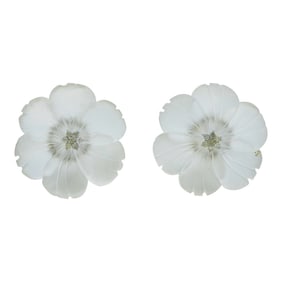 Silver and 14K Yellow Gold Carved Frosted Rock Crystal and Diamond Flower Stud Earrings