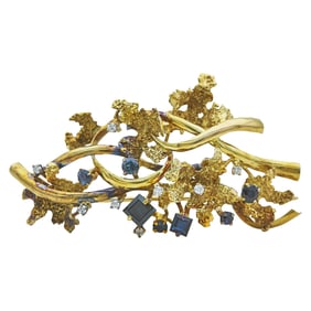 14K Yellow Gold Mixed-Cut Sapphire and Diamond Floral Stem Brooch Pin