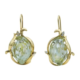 14K/18K Yellow Gold Carved Green Quartz and Diamond Drop Earrings
