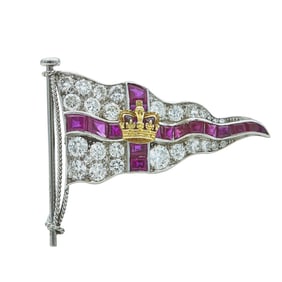 Platinum and 18K Yellow Gold Ruby and Diamond Pin Depicting the Royal Yacht Squadron Burgee Flag