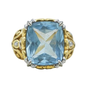 John Hardy 18K Yellow and White Gold Aquamarine and Diamond Ring