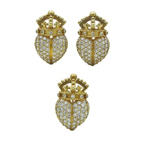 Barry Kieselstein-Cord 18K Yellow Gold Diamond Crown Heart Earrings and Brooch Pin Suite