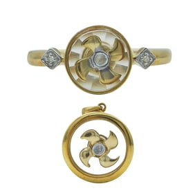 18K Yellow Gold Diamond Shuriken Spinner Pendant and Ring Set