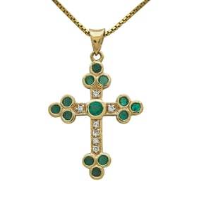 14K Yellow Gold Emerald and Diamond Cross Pendant with 18K Yellow Gold Box Chain Necklace