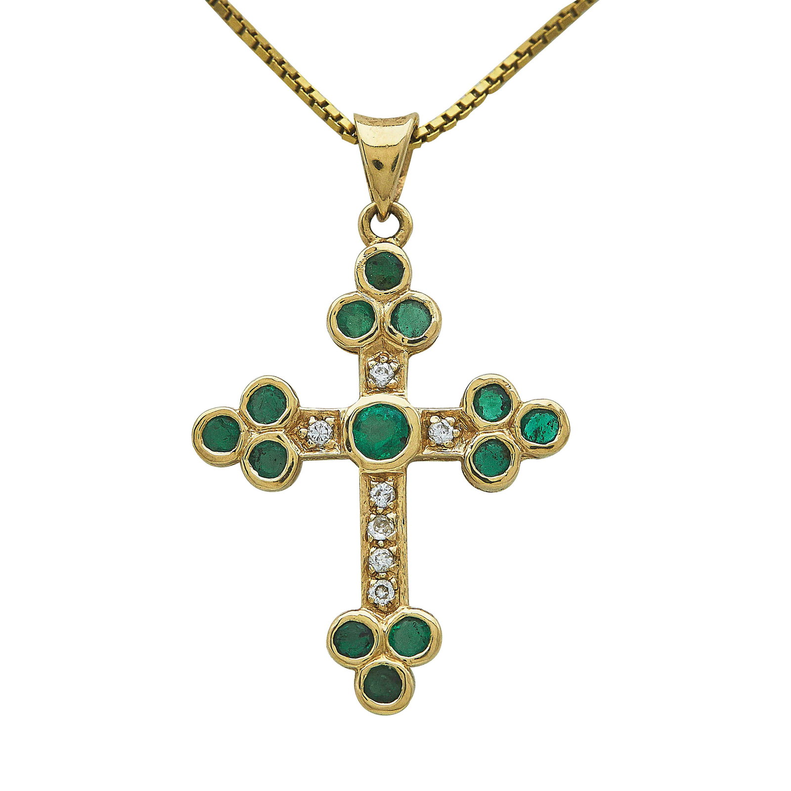 14K Yellow Gold Emerald and Diamond Cross Pendant with 18K Yellow Gold Box Chain Necklace (1 of 4)