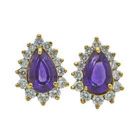 18K Yellow Gold Pear-Cut Amethyst and Diamond Halo Stud Earrings