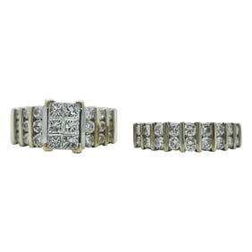 14K White Gold Diamond Illusion Engagement Ring and Wedding Band Set
