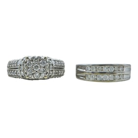 14K White Gold Diamond Illusion Cluster Engagement Ring and Wedding Band Set