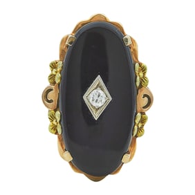 Vintage 10K Rose and Yellow Gold Black Onyx and Diamond Ring