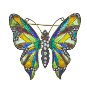18K Yellow Gold and Silver Plique-à-jour Enamel, Ruby and Diamond Butterfly Brooch Pin