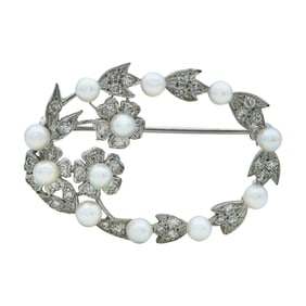 14K White Gold Akoya Pearl and Diamond Wreath Brooch Pin