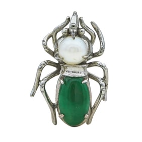 10K White Gold Jade and Pearl Insect Bug Pendant