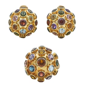 14K Yellow Gold Multi Gem-Set Sputnik Ball Earrings and Ring Suite