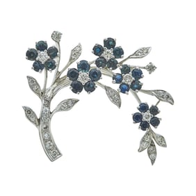 14K White Gold Sapphire and Diamond Floral Spray Brooch Pin