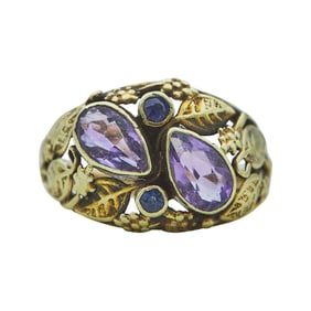 Antique Arts & Crafts 14K Yellow Gold Pear-Shaped Amethyst and Sapphire Ring