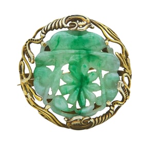 14K Yellow Gold Carved Jade Brooch