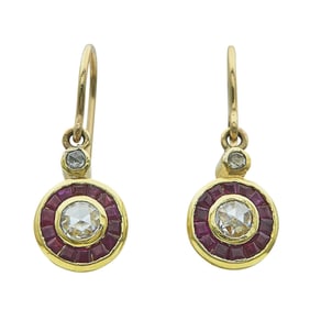 18K Yellow Gold Rose-Cut Diamond and Ruby Drop Earrings with 14K Gold Wires