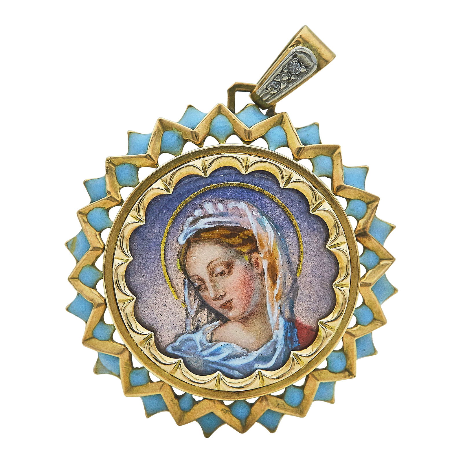 18K Yellow Gold and Platinum Diamond and Enamel Madonna Pendant Charm (1 of 3)