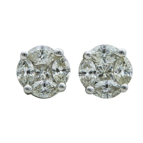 18K White Gold Marquise and Princess-Cut Diamond Illusion Cluster Stud Earrings