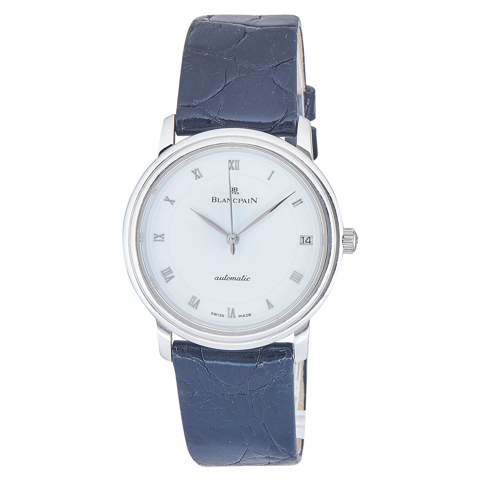 Blancpain Villeret Platinum Watch, circa 2000: BRAND: Blancpain; CONDITION: Pre-owned, Very Good; YEAR: Circa 2000; ADDITIONAL COMMENTS: Case with scratches and indentations throughout, Crystal with chips near edge, 54.7 grams; CASE SIZE (mm): 34;