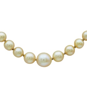 Single Strand Graduated Akoya Pearl Necklace with 18K Yellow Gold and Platinum Rose-Cut Diamond