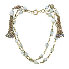 Victorian 10K Yellow Gold Double Chain Pearl Tassel Bracelet