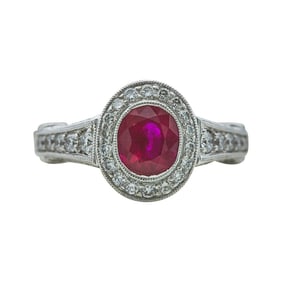 18K White Gold Natural Heated Ruby and Diamond Halo Ring