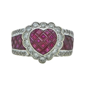 18K White Gold Invisible-Set Ruby and Diamond Heart Ring