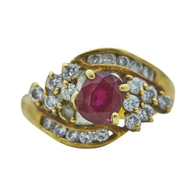 18K Yellow Gold Oval-Cut Ruby and Diamond Cluster Ring