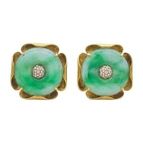 Gump's 18K Yellow Gold Jade Disc and Diamond Earrings