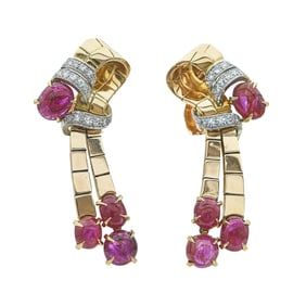 18K Yellow Gold Ruby Cabochon and Diamond Drop Earrings