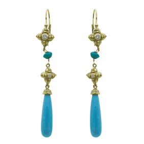 Maz 14K Yellow Gold Diamond and Turquoise Drop Dangle Earrings
