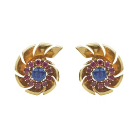 Retro 14K Yellow Gold Sapphire and Ruby Clip Earrings