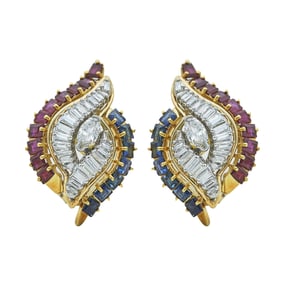 18K Yellow Gold and Platinum Sapphire, Ruby and Diamond Clip Earrings