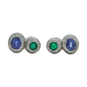 18K White Gold Sapphire and Emerald Diamond Halo Stud Earrings