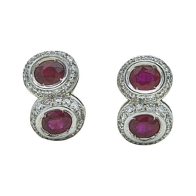 18K White Gold Double Ruby and Diamond Halo Stud Earrings