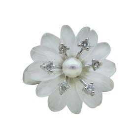 18K White Gold Carved Rock Crystal, Pearl and Diamond Flower Ring