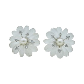 18K White Gold Carved Rock Crystal, Pearl and Diamond Flower Earrings