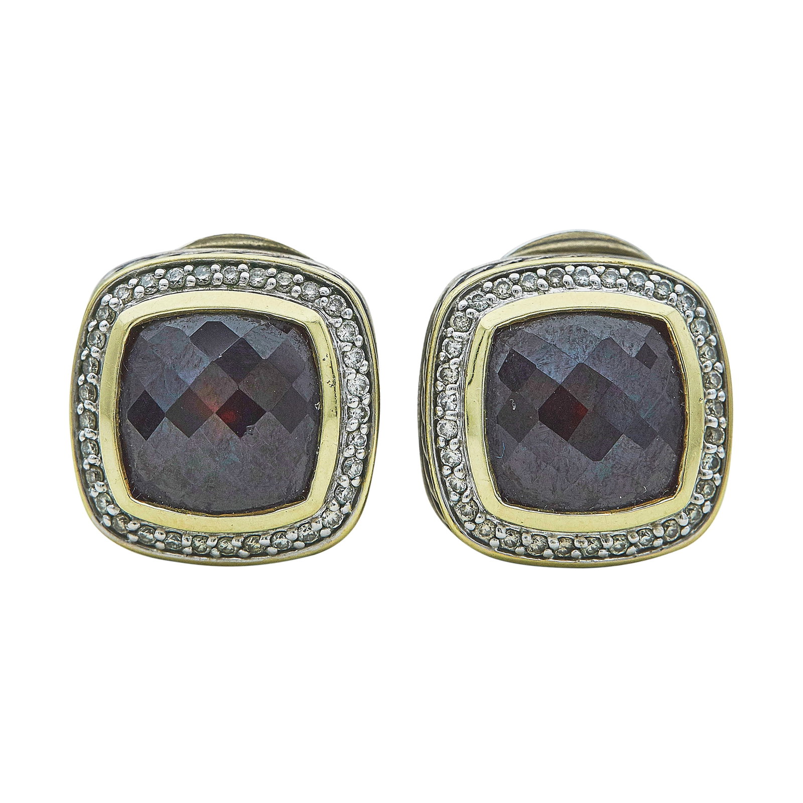 David Yurman Albion Sterling Silver and 18K Yellow Gold Garnet and Diamond Earrings: BRAND: David Yurman; METAL: Sterling Silver, 18K Yellow Gold; APPROXIMATE TOTAL DIAMOND WEIGHT: 0.30 ctw; GEMSTONES: Garnets weighing approx. 8.00 ctw; STAMPED: D.Y., 925, 750; CONDITION: Pre-owned, G