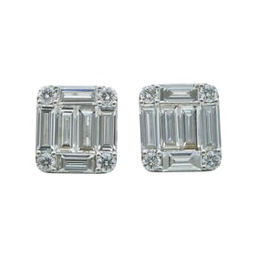 18K White Gold Baguette and Round-Cut Diamond Illusion Cluster Stud Earrings