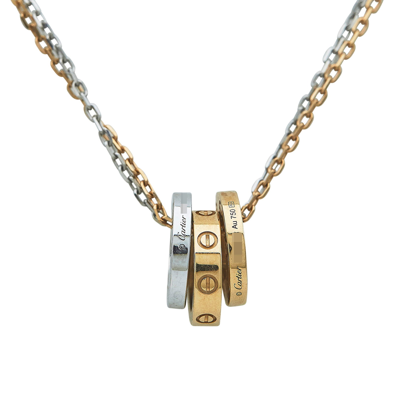 Cartier Love 18K Rose and White Gold Pendant Necklace: BRAND: Cartier; COLLECTION: Love; METAL: 18K Rose Gold/White Gold; APPROXIMATE TOTAL DIAMOND WEIGHT: 0.04 ctw; STAMPED: Cartier, numbered, Au750, maker's mark; CONDITION: Pre-owned, Very Good; ITEM WE