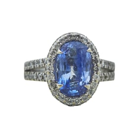 18K White Gold Oval-Cut Sapphire and Diamond Halo Split Shank Ring